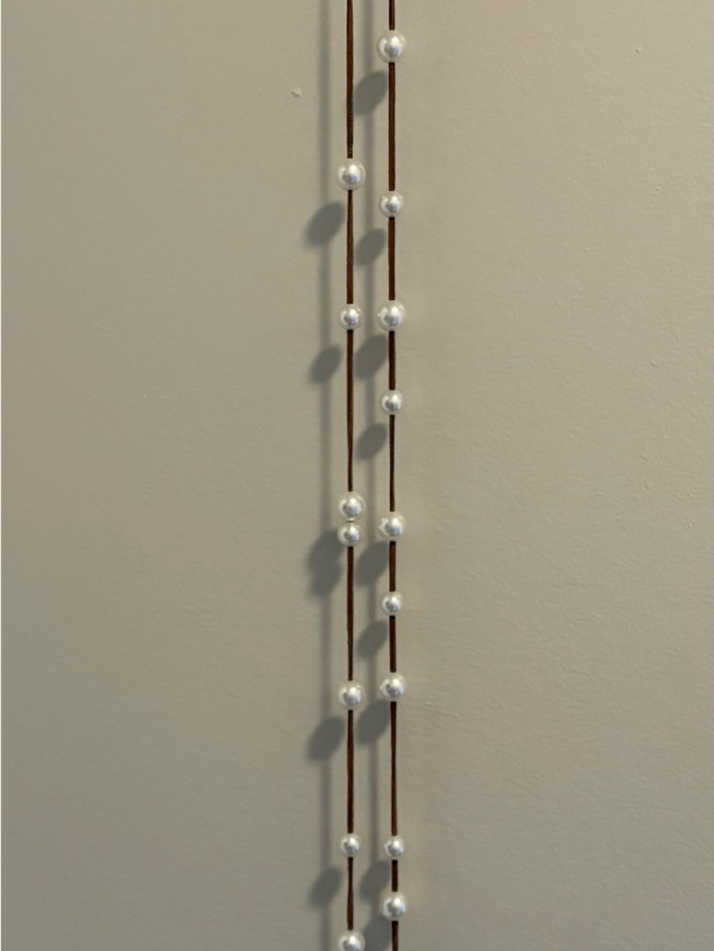 Pearl Bead Long Necklace on Brown Cord